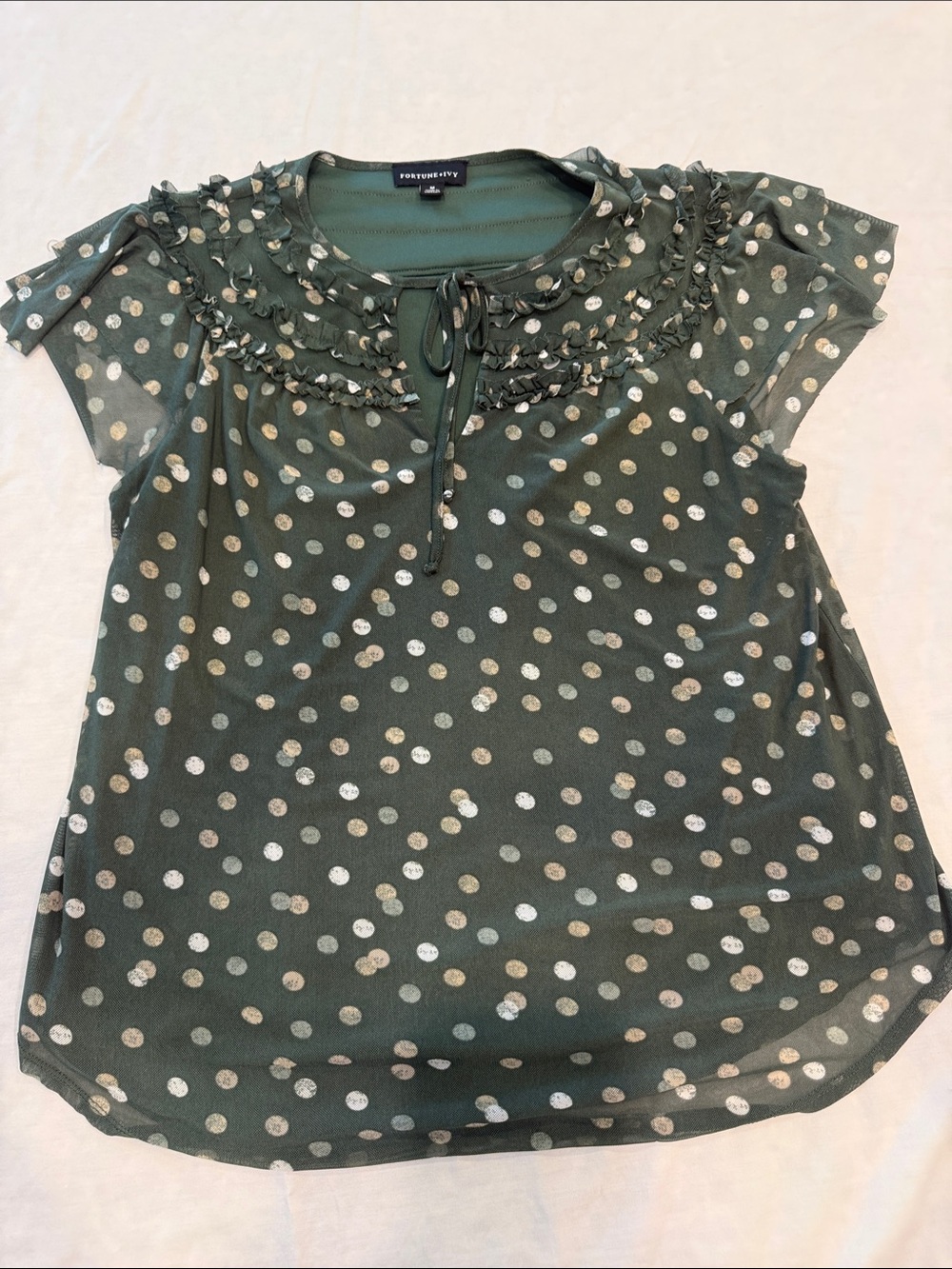 Fortune and Ivy Green Polka Dot Ruffle Tie-Neck Top